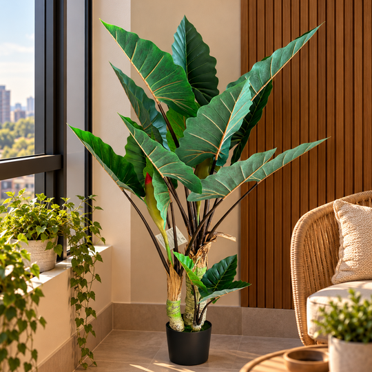 Umělá rostlina Alocasia se širokými listy, 3 kmeny, 160 cm, zelená
