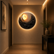 Tablou Sticla cu iluminare LED Eclipsa de Aur, Diametru 80 cm, 24W, Lumina Neutra, Aliaj de Aluminiu si MDF