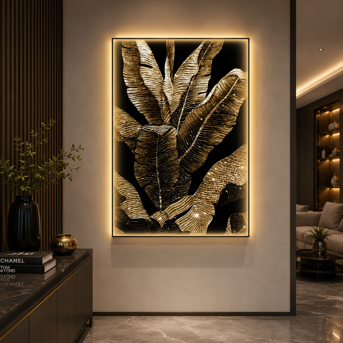 Dekorativní obraz s LED osvětlením Banánové listy, 80 x 160 cm, 24 W, neutrální světlo, hliníková slitina a MDF
