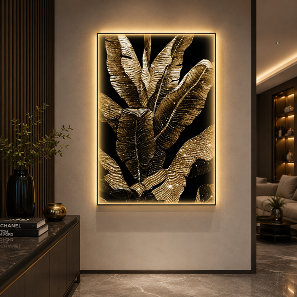 Dekorativní obraz s LED osvětlením Banánové listy, 80 x 160 cm, 24 W, neutrální světlo, hliníková slitina a MDF