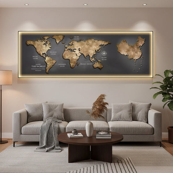 Dekorativní obraz s LED osvětlením Mapa světa, 120 x 60 cm, 24W, neutrální světlo, hliníková slitina a MDF