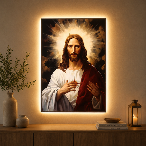 Dekorativní obraz s LED osvětlením Sacred Heart of Jesus, 60 x 80 cm, 24W, neutrální světlo, hliníková slitina a MDF