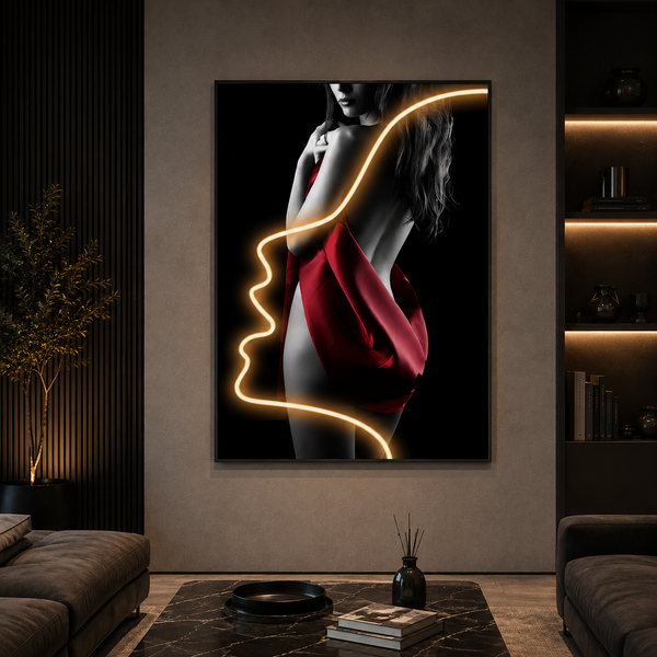 Dekorativní obraz se siluetou LED osvětlení v červené barvě, 60 x 80 cm, 24 W, neutrální světlo, hliníková slitina a MDF