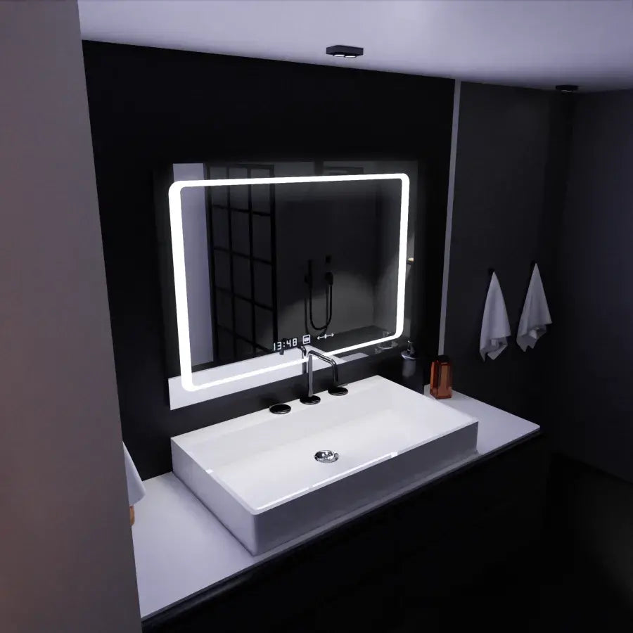 Zrcadlový LED obdélníkový 90x60cm Defen Marcello Sensor System Dezoring CLOCK & teploměr