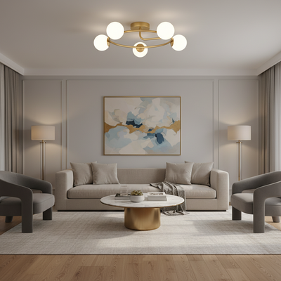 LED a křišťálový lustr ORBIT, 72cm, 5xE27, Globes, Gold