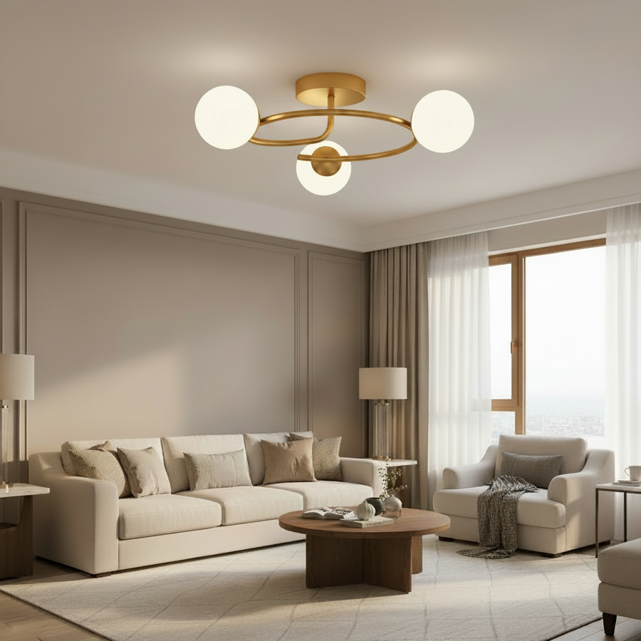 LED a křišťálový lustr ORBIT, 66cm, 3xE27, Globes, Gold