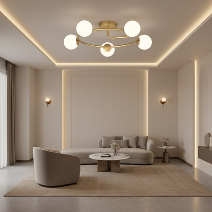 LED a křišťálový lustr ORBIT, 72cm, 5xE27, Globes, Gold