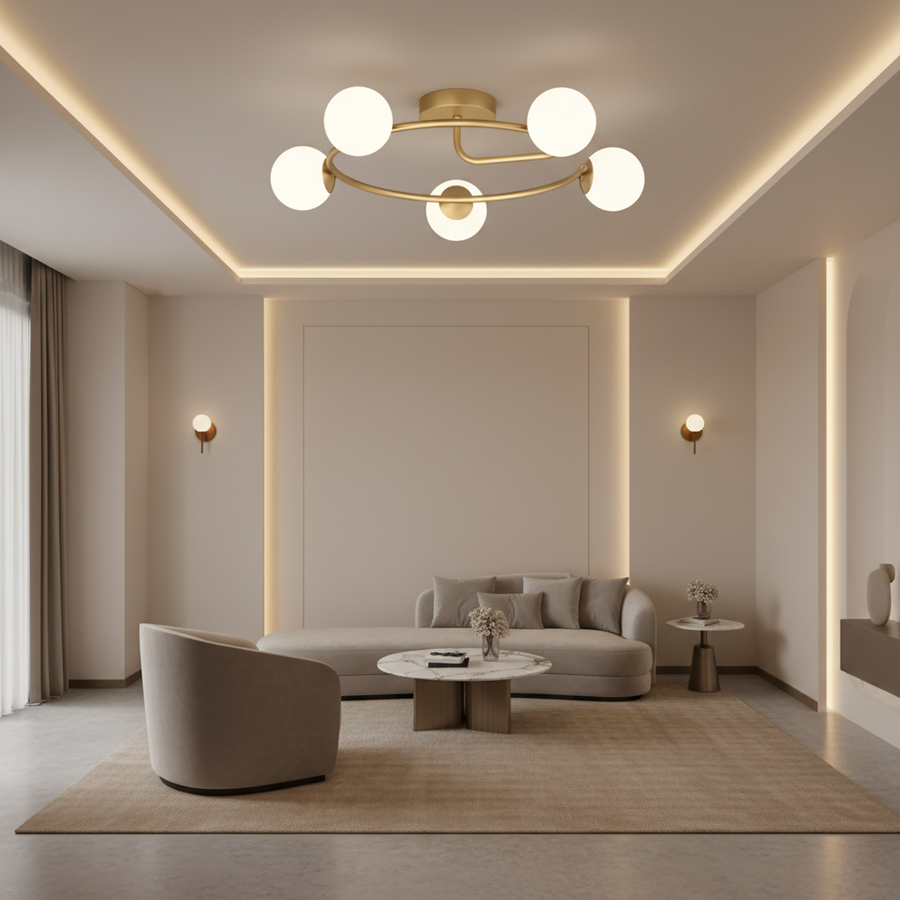 LED a křišťálový lustr ORBIT, 72cm, 5xE27, Globes, Gold