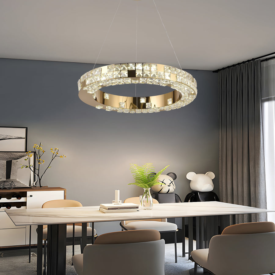 LED lustr s dálkovým ovládáním, LLC135/1GD, křišťál a kov, 29W, 1 kruh, stmívatelný, nastavitelná výška, studené/teplé/neutrální světlo, luxusní osvětlení