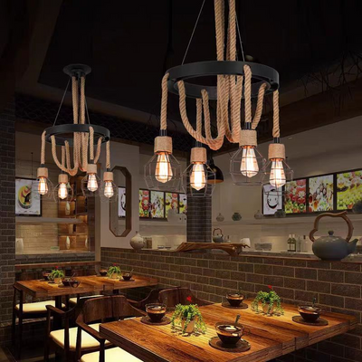 Lustr kola, 3*E27, hnědý, kov a motouz