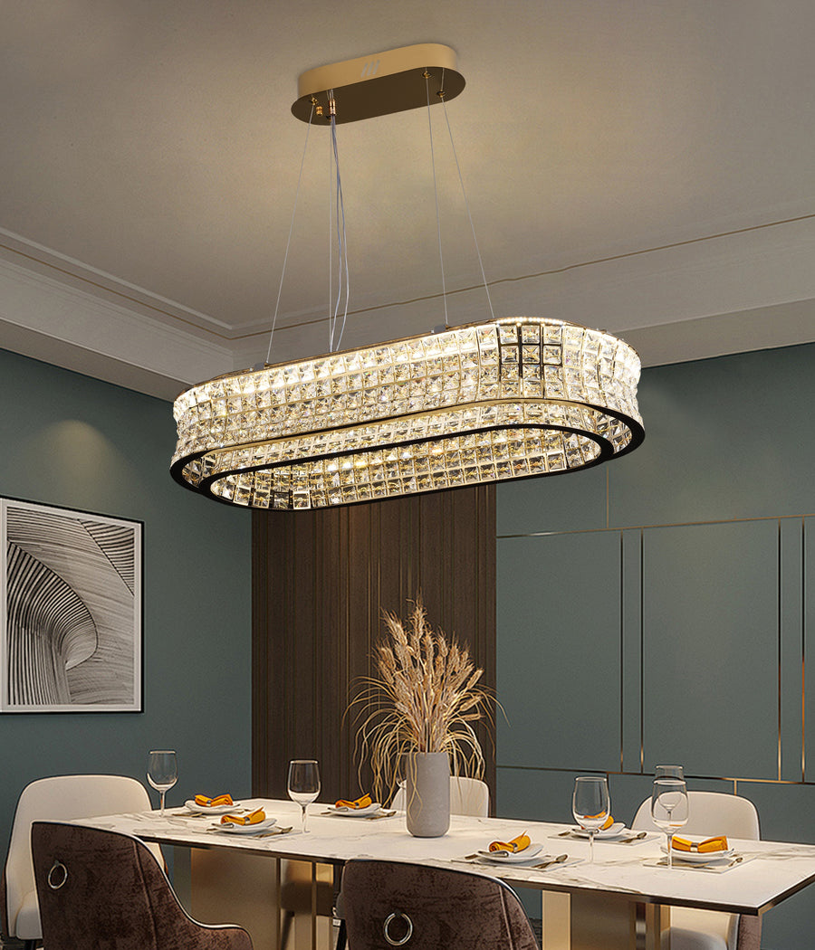 LED lustr s dálkovým ovládáním, LLC160/750X350GD, křišťál a kov, 71W, stmívatelný, nastavitelná výška, studené/teplé/neutrální světlo, luxusní osvětlení