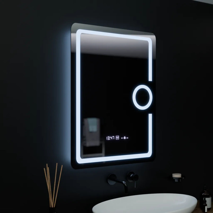 Zrcadlo LED obdélníkový 60x80cm Eclat Motionglow Marcello Dezofring System teploměr a hodinový kosmetika dimable