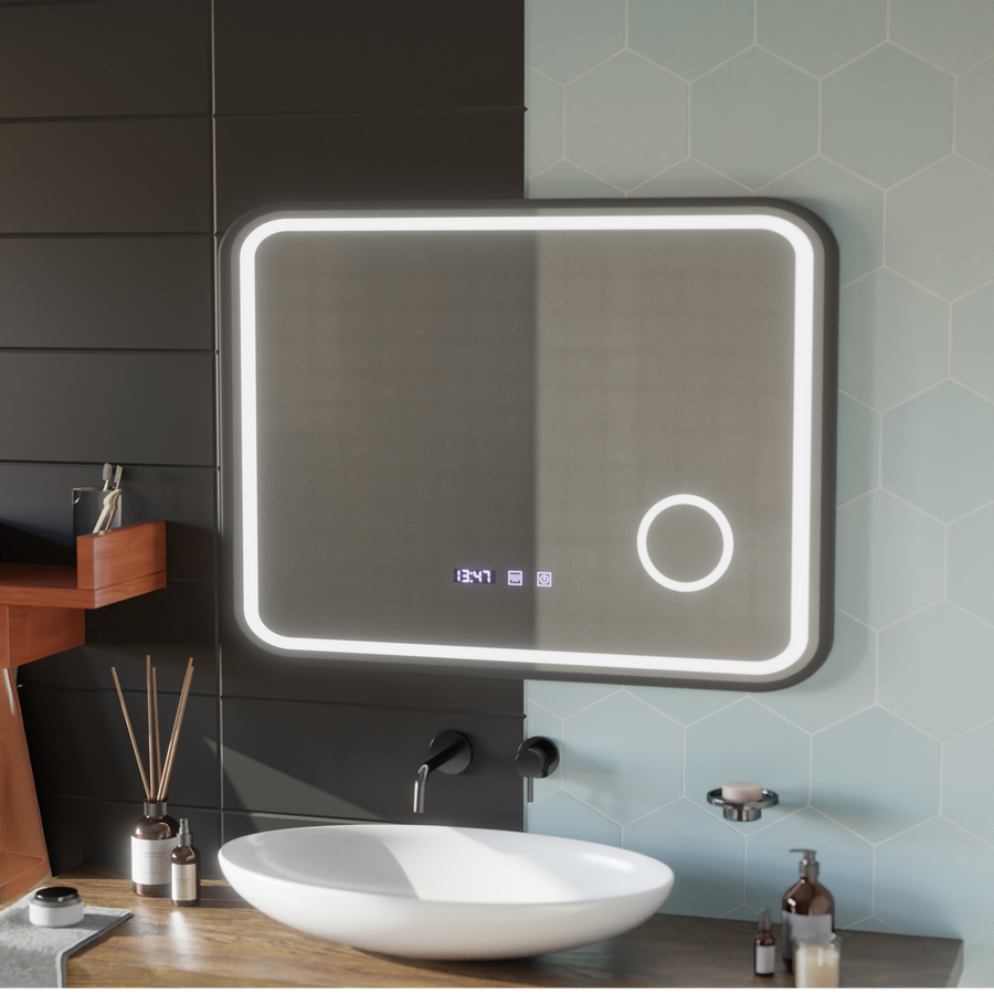 Mirror LED LED Touch Bernd Dezoringový systém, hodiny a teplota 80x60 cm fond Black Brush Cosmetica