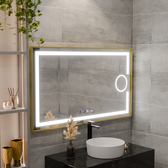 Obdélníkové LED zrcadlo, 120x80cm, Eclat MotionGlow Marcello, systém odmlžování, hodiny a teploměr, kosmetická lupa, stmívatelné, rám z kartáčovaného zlata Marcello Mirrors Výchozí název Alessandro Design