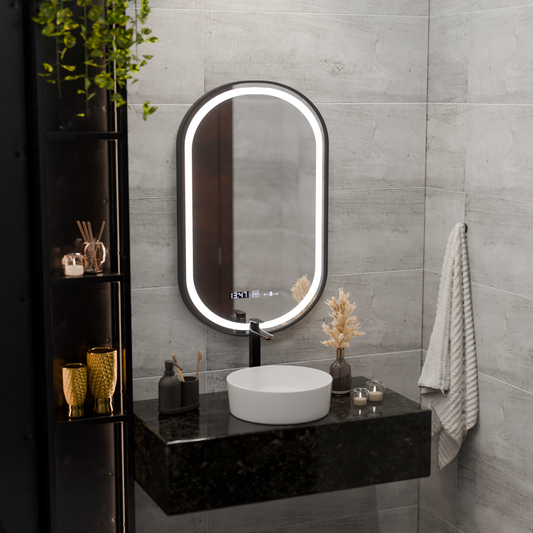 Zrcadlový LED Touch Helmut Defrition System, hodiny a teplota 50x80 cm Černý štětec
