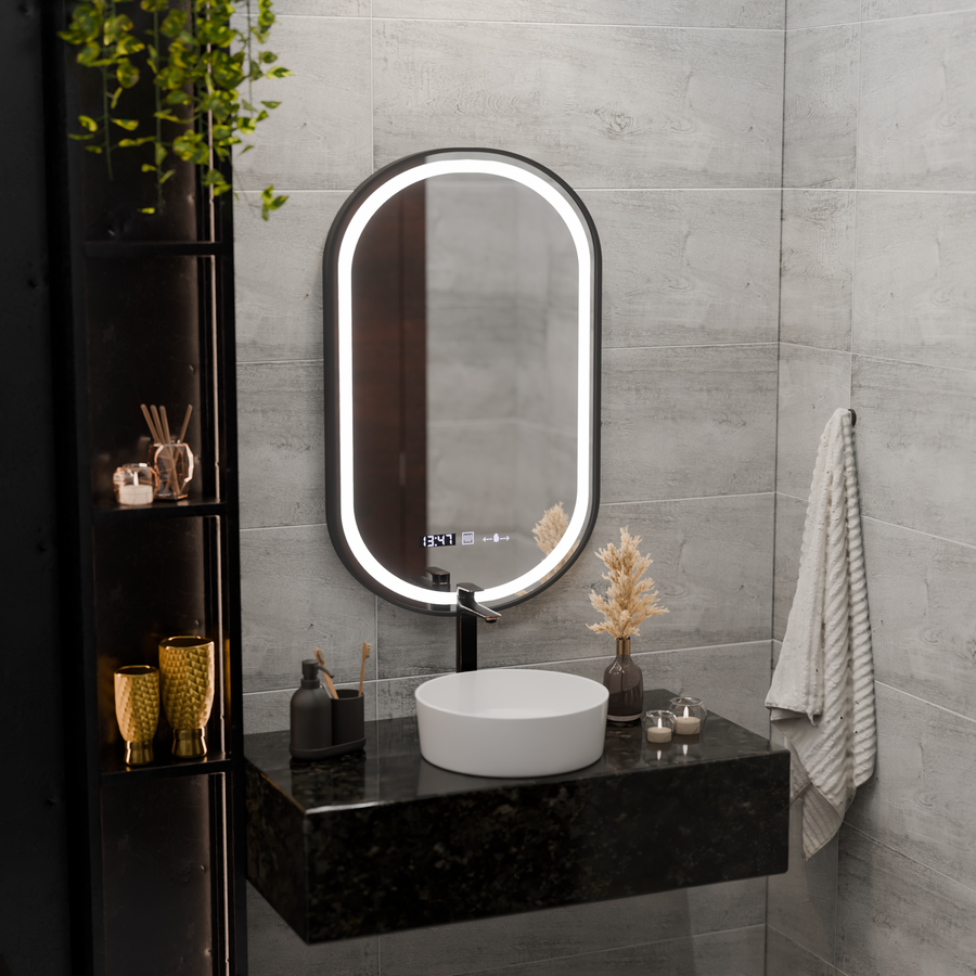 Zrcadlový LED Touch Helmut Defrition System, hodiny a teplota 50x80 cm Černý štětec