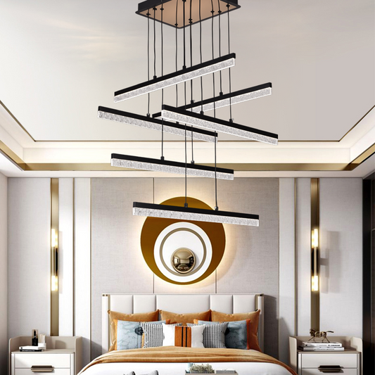 Závěsný křišťálový LED lustr LT181/6BK, 84W, světlo 3000/4000/6000K, černý, nastavitelná výška