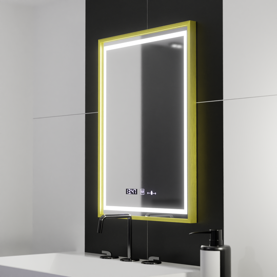 Obdélníkové LED zrcadlo, 50x70 cm, Verite Royale Gold Motion Glow Marcello, systém odmlžování, hodiny a teploměr, stmívatelná zrcátka Marcello Výchozí název Alessandro Design