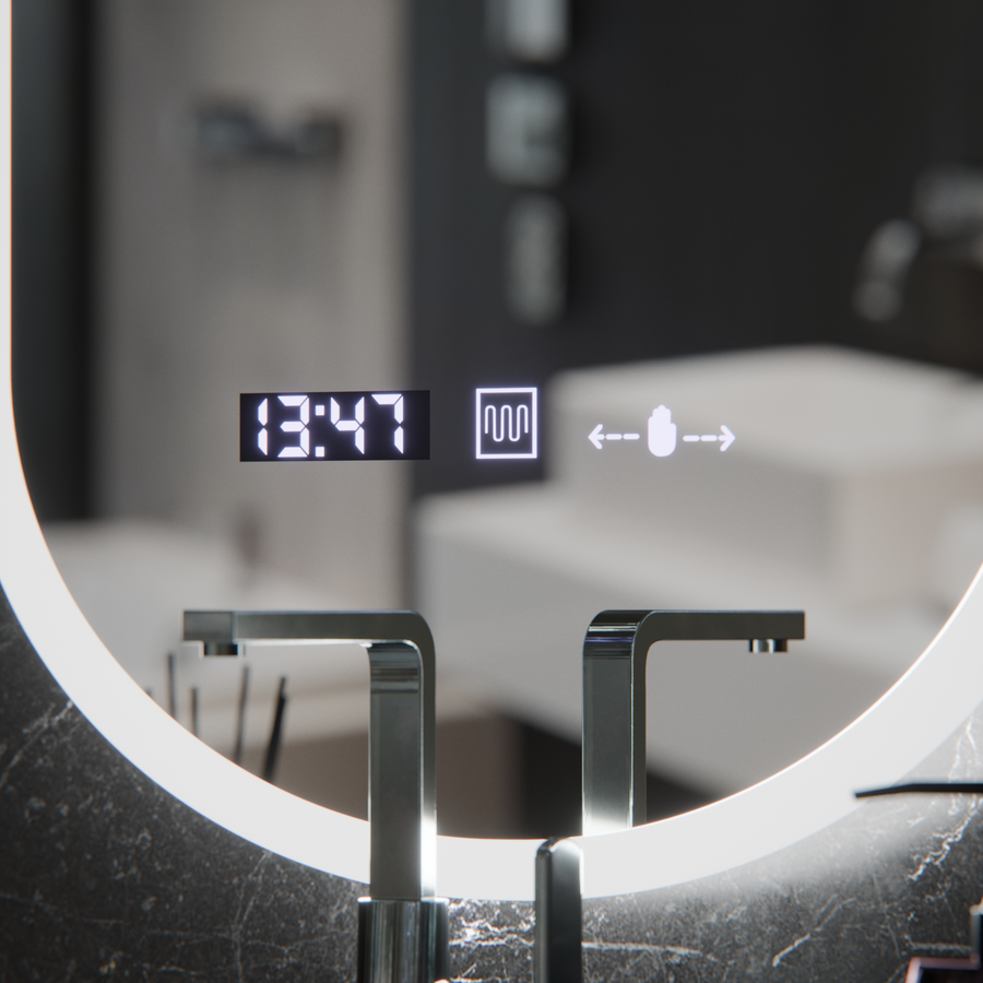 Oválné LED zrcadlo, 50x80cm, Lucia Sensor Marcello, Demister System, Hodiny & Teploměr, Stmívatelné