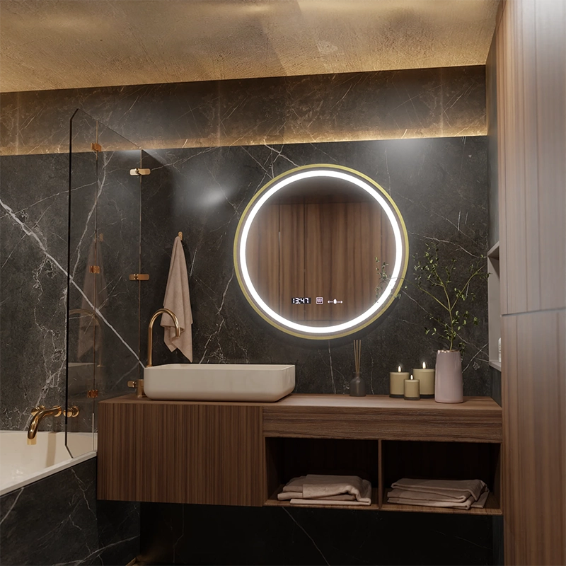 LED kulaté zrcadlo, 60 cm, Celeste Royale Gold MotionGlow Marcello, Demister System, Hodiny & Teploměr, Stmívatelné