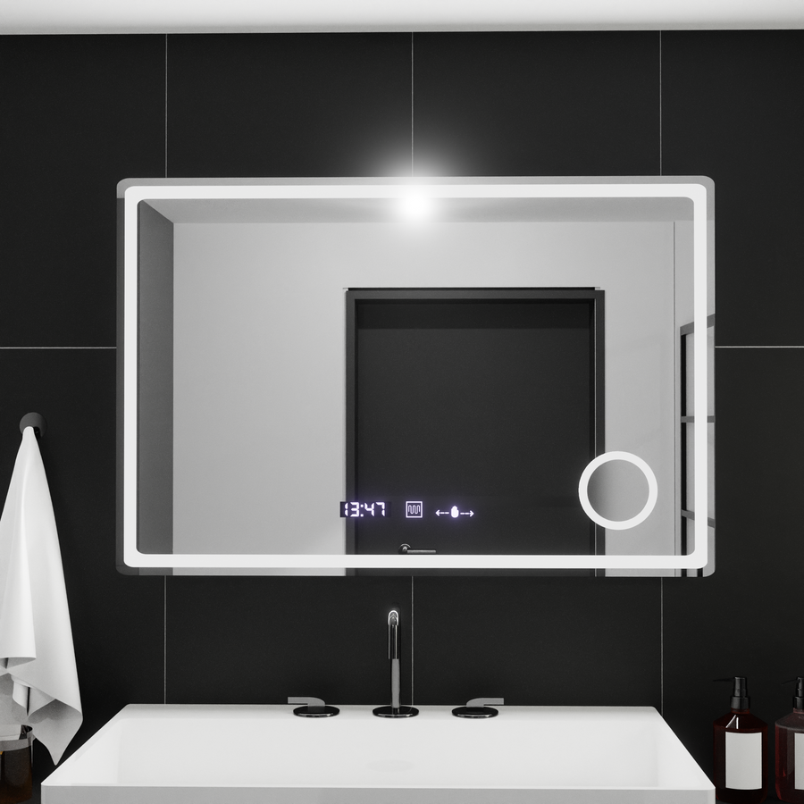 Zrcadlo LED obdélníkový 90x60cm Bellezza riflesso puro Motionglow Marcello Desical Clock Defrock System