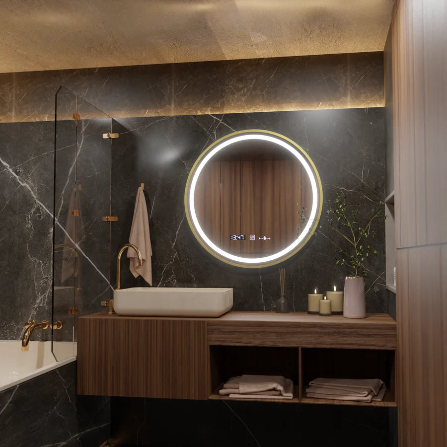 Mirror LED ROUND 60 cm Celesti Royale Gold Eleve Motionglow Marcello Dimable Clock Dezoring System