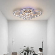 LED lustr s dálkovým ovládáním a krystalem LIA RGB 182W, 8 kruhů, studené/teplé/neutrální světlo, stmívatelný, lesklá chromová bílá