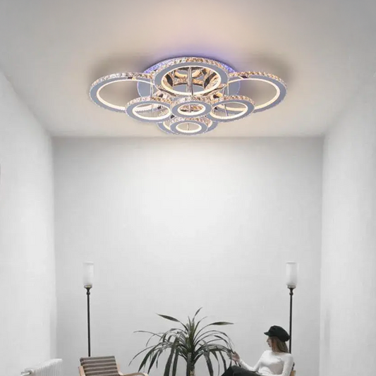 LED lustr s dálkovým ovládáním a krystalem LIA RGB 182W, 8 kruhů, studené/teplé/neutrální světlo, stmívatelný, lesklá chromová bílá