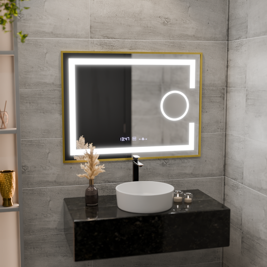 Obdélníkové LED zrcadlo, 80x60cm, Eclat MotionGlow Marcello, systém odmlžování, hodiny a teploměr, kosmetická lupa, stmívatelné, rám z kartáčovaného zlata Marcello Mirrors Výchozí název Alessandro Design