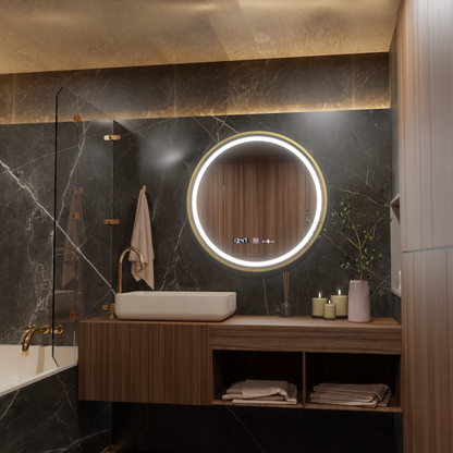 LED zrcadlový senzor Motionglow Faratya System rozmrazování teploměru a hodiny kartáčování kulatého průměru 100 cm studená/hot/neutrální dimable kolekce Marcello funghhi