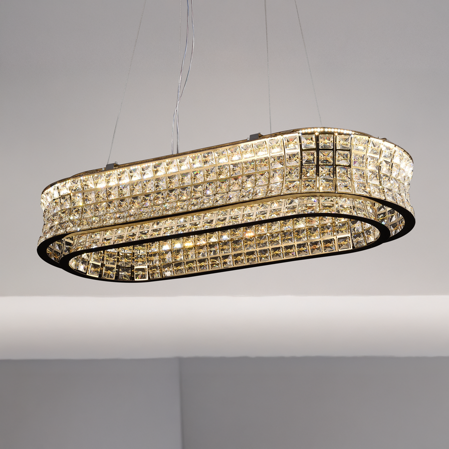 LED lustr s dálkovým ovládáním, LLC160/750X350GD, křišťál a kov, 71W, stmívatelný, nastavitelná výška, studené/teplé/neutrální světlo, luxusní osvětlení