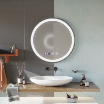 LED LED LED LED LED zrcadlový systém, hodiny a teplota 70 cm černý hrubý rám
