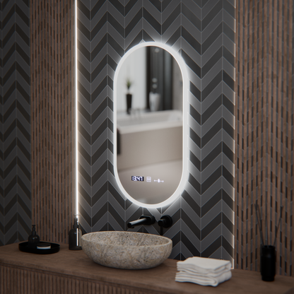 Oválné LED zrcadlo, 50x100cm, Lucia Sensor Marcello, Demister System, Hodiny & Teploměr, Stmívatelné