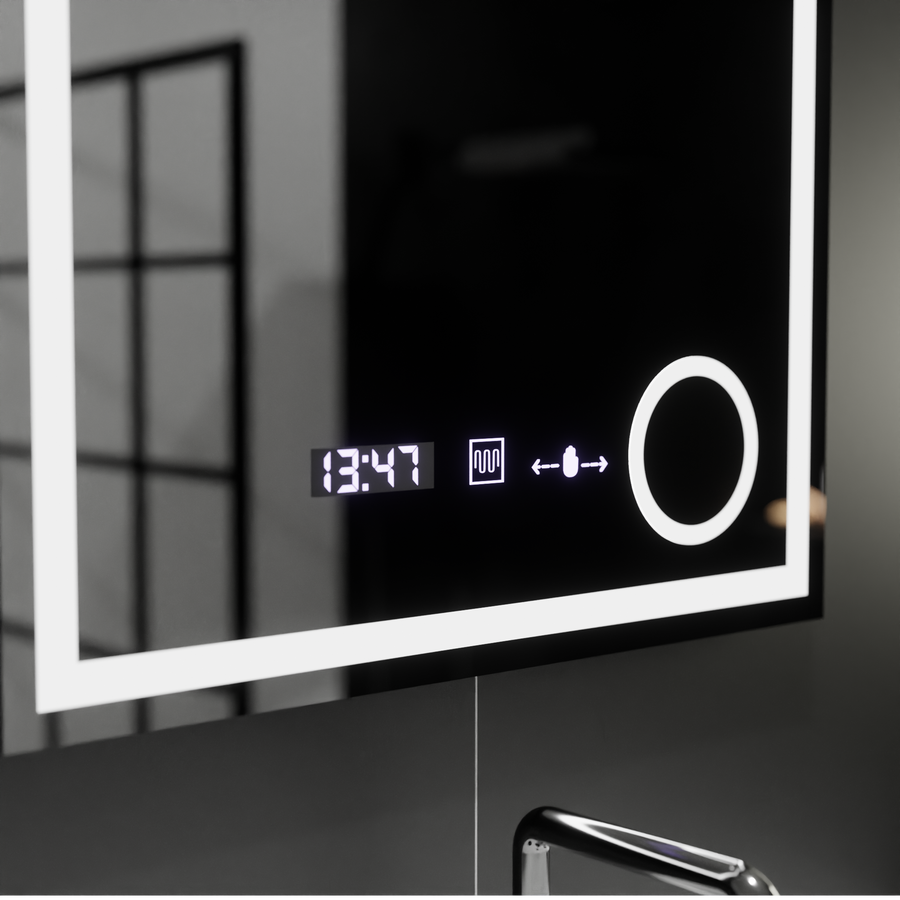 Obdélníkové LED zrcadlo, 60x60cm, Souverain MotionGlow Marcello, Demister System, Hodiny & Teploměr, Kosmetická lupa, Stmívatelné