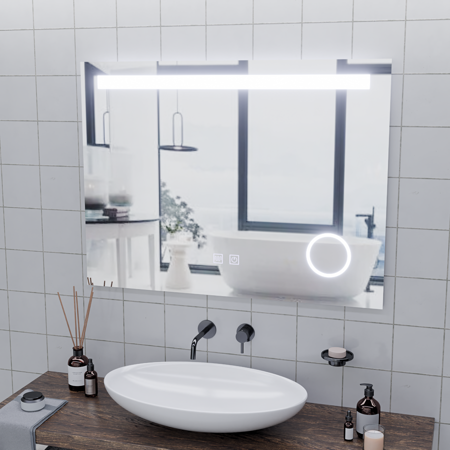 Obdélníkové LED zrcadlo, 80x60cm, Piano Touch, Demist System, Stmívatelné, Studené světlo 6000K