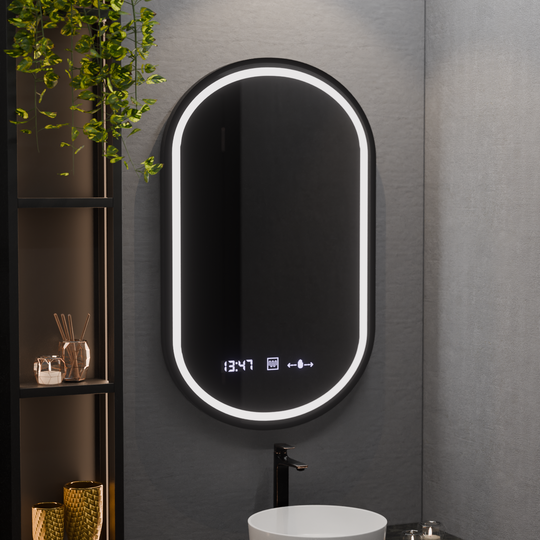 Oválné LED zrcadlo, 50x90cm, Alessia MotionGlow Marcello, systém odmlžování, hodiny a teploměr, zrcátka Dimabila Marcello Výchozí název Alessandro Design