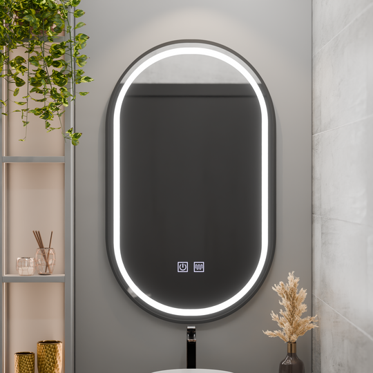 Oválné LED zrcadlo 60x100cm VETRO Touch Dimable Demister System, černý rám Korman Mirrors E Výchozí název Alessandro Design