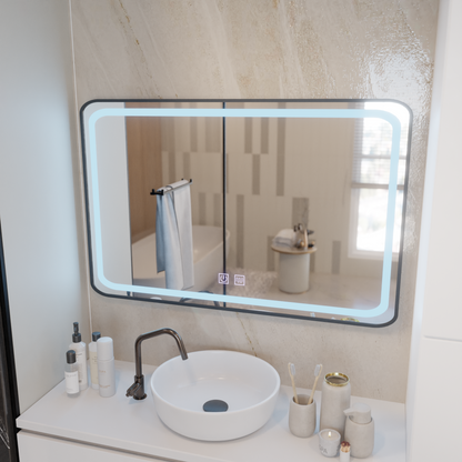 Zrcadlo LED obdélníkový 100x65cm - hrana světelný dotykový odmrazovací systém, černý rám