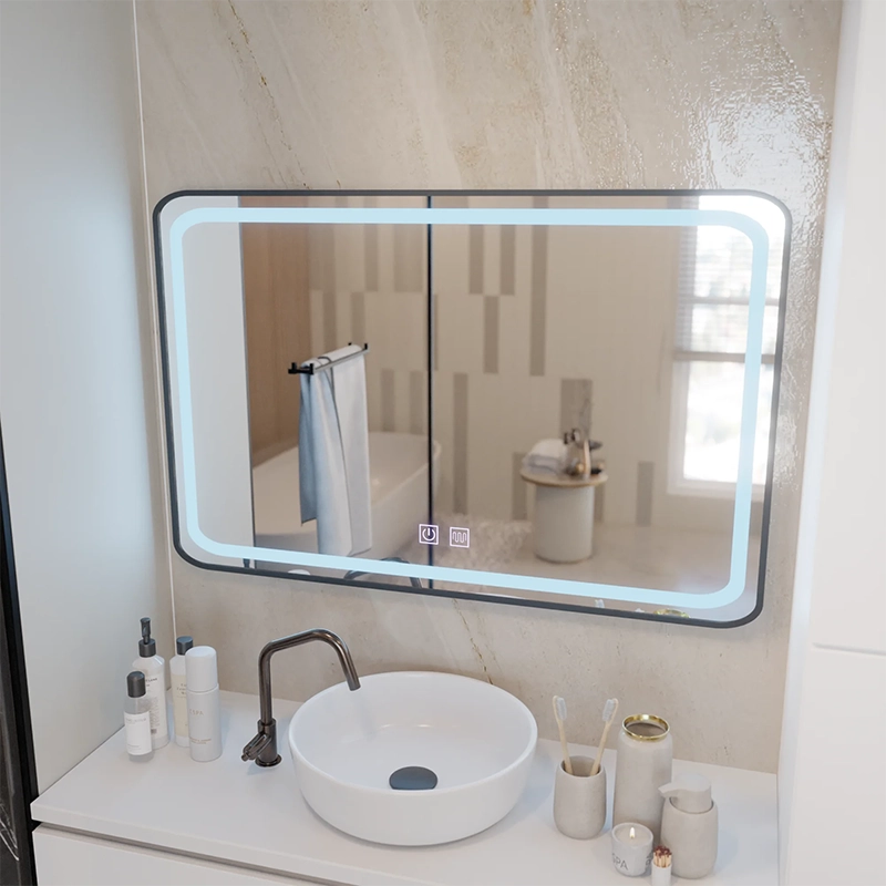 Obdélníkové LED zrcadlo 100x65cm EDGE Touch Demister System, černý rám