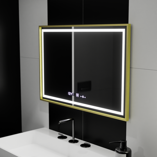 Obdélníkové LED zrcadlo, 120 x 80 cm, Verite Royale Gold MotionGlow Marcello, systém odmlžování, hodiny a teploměr, stmívatelná zrcátka Marcello Výchozí název Alessandro Design