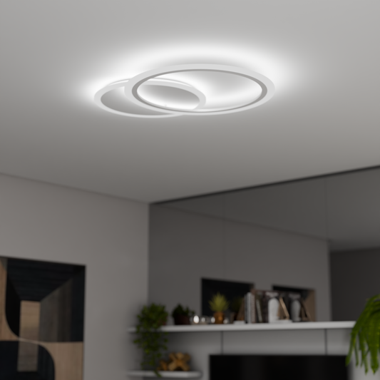LED CHANDIER s dálkovým ovládáním Lucy, 40W, 2 kruhy, chladné/horké/neutrální světlo, paprsek, bílý