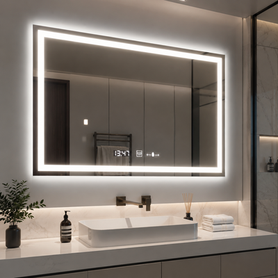 Obdélníkové LED zrcadlo 120x80 cm Vérité MotionGlow Marcello, Demister System, Hodiny & Teploměr, Stmívatelné