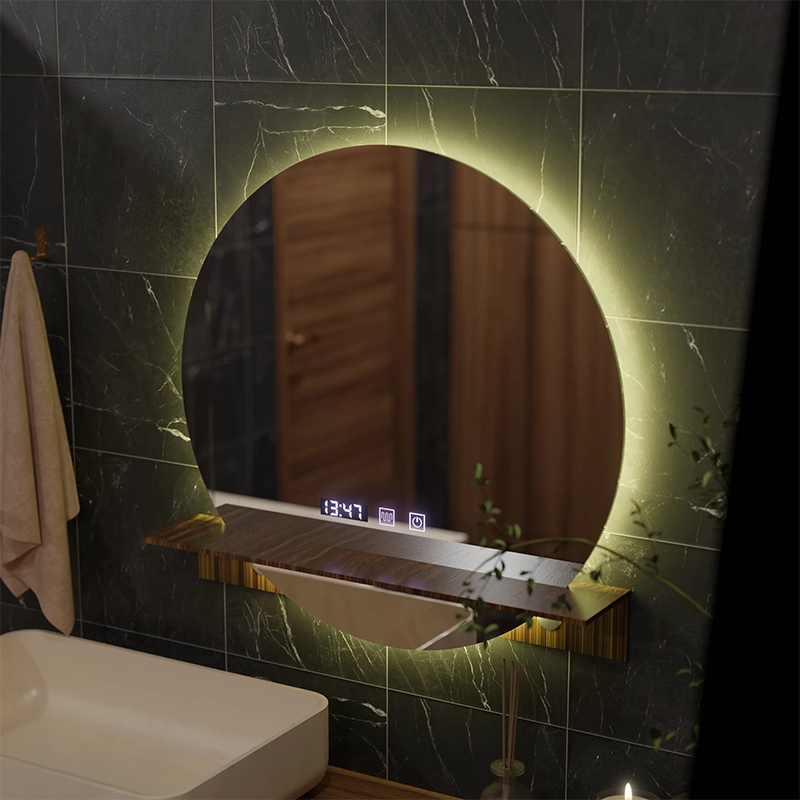 Zrcadlo LED Touch Alfred Systém odmlžování, hodiny a teplota 60x60 cm s integrovanou podporou