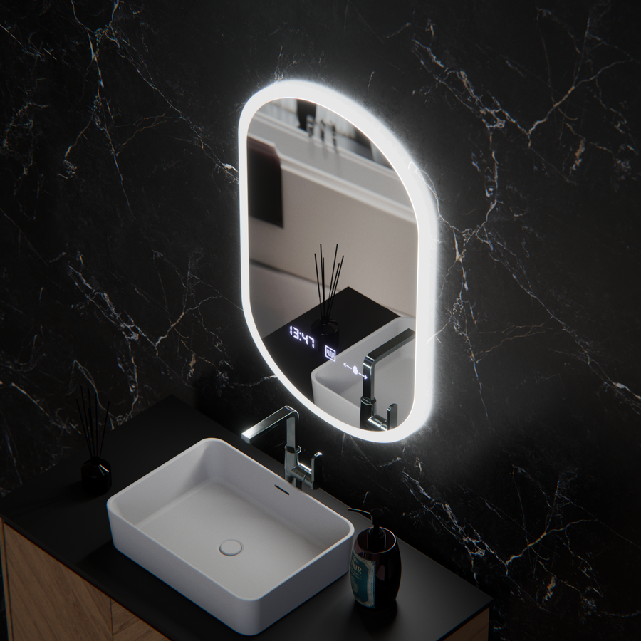 Oválné LED zrcadlo, 50x80cm, Lucia Sensor Marcello, Demister System, Hodiny & Teploměr, Stmívatelné