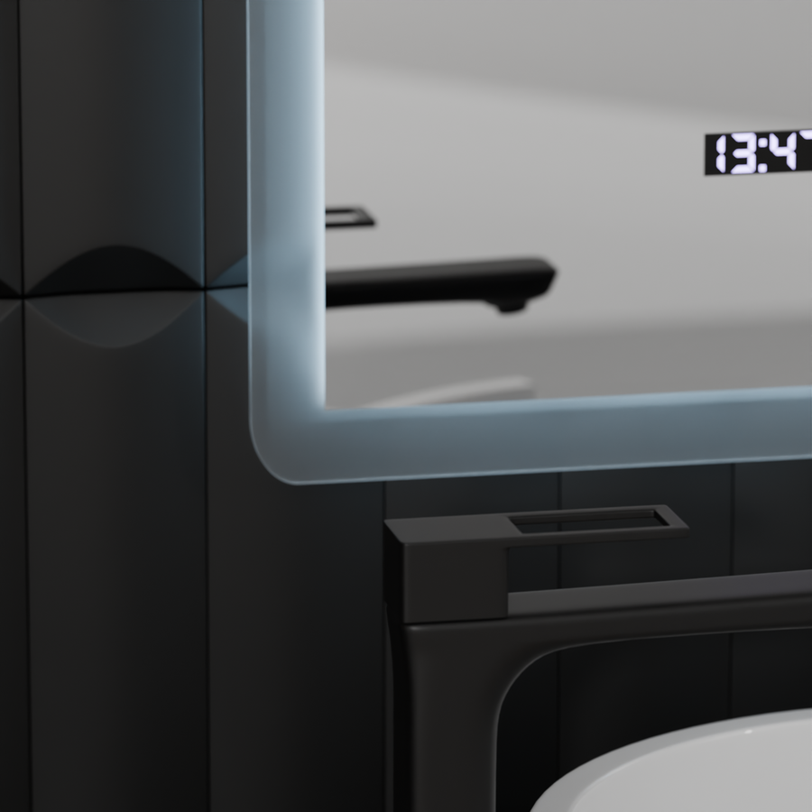 Obdélníkové LED zrcadlo, 50x70 cm, senzor Zampa MotionGlow Marcello, systém odmlžování, hodiny a teploměr, stmívatelné