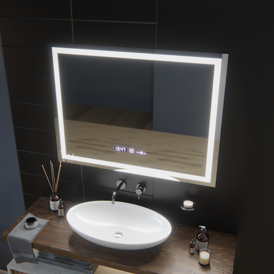 Obdélníkové LED zrcadlo, 100x75cm, Verite MotionGlow Marcello, Demister System, Hodiny & Teploměr, Stmívatelné