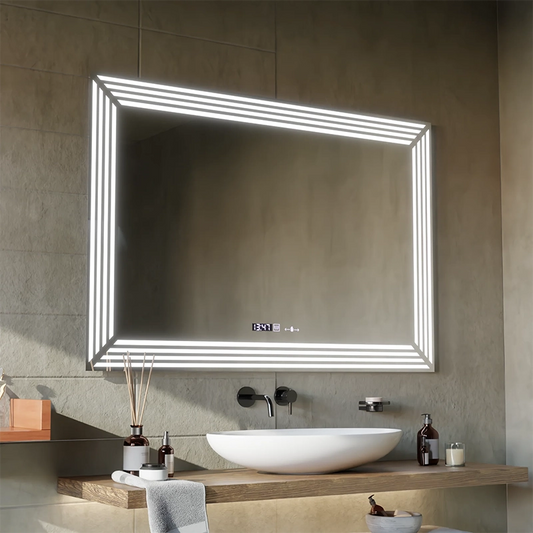 Obdélníkové LED zrcadlo, 110x65cm, senzor Venezia MotionGlow Marcello, systém odmlžování, hodiny a teploměr, Dimabila