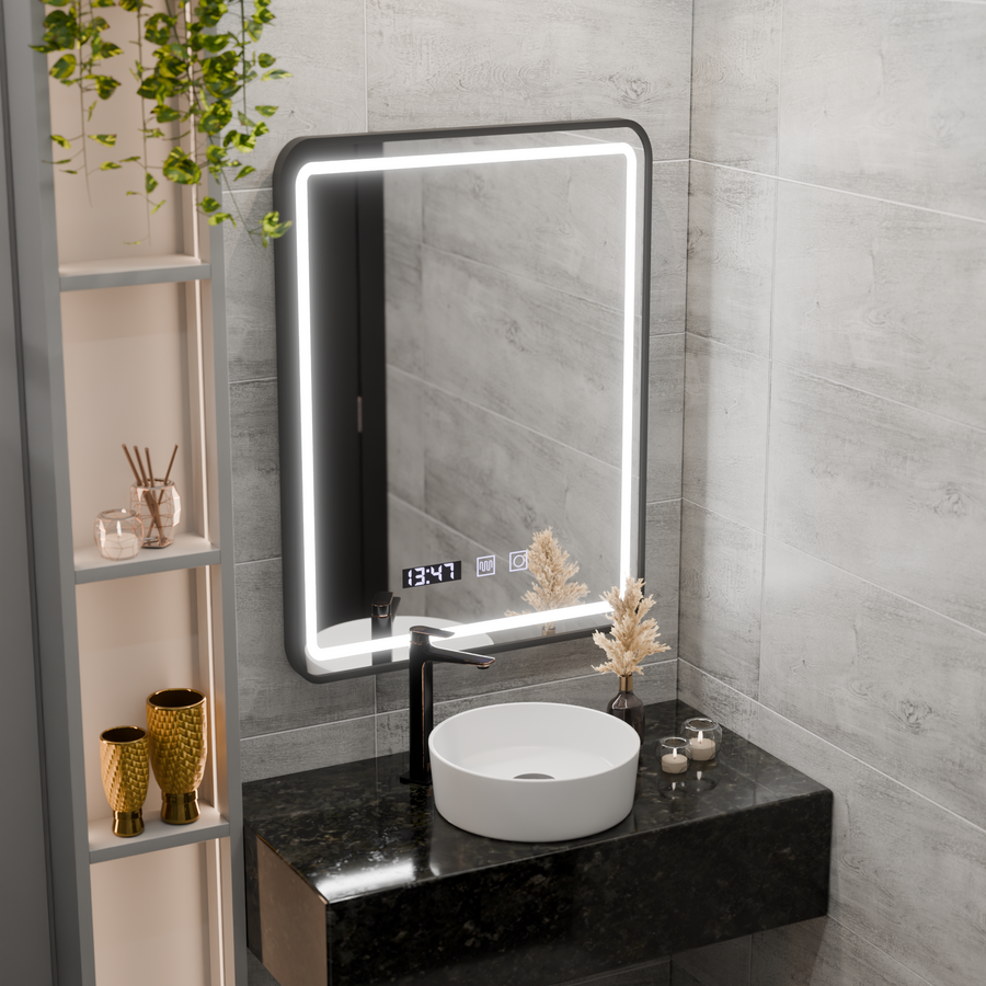 LED Touch Karl Mirror Defrition System, hodiny a teplota 50x70 cm Černý štětec
