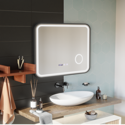 Mirror LED LED Touch Bernd Dezoringový systém, hodiny a teplota 80x60 cm fond Black Brush Cosmetica