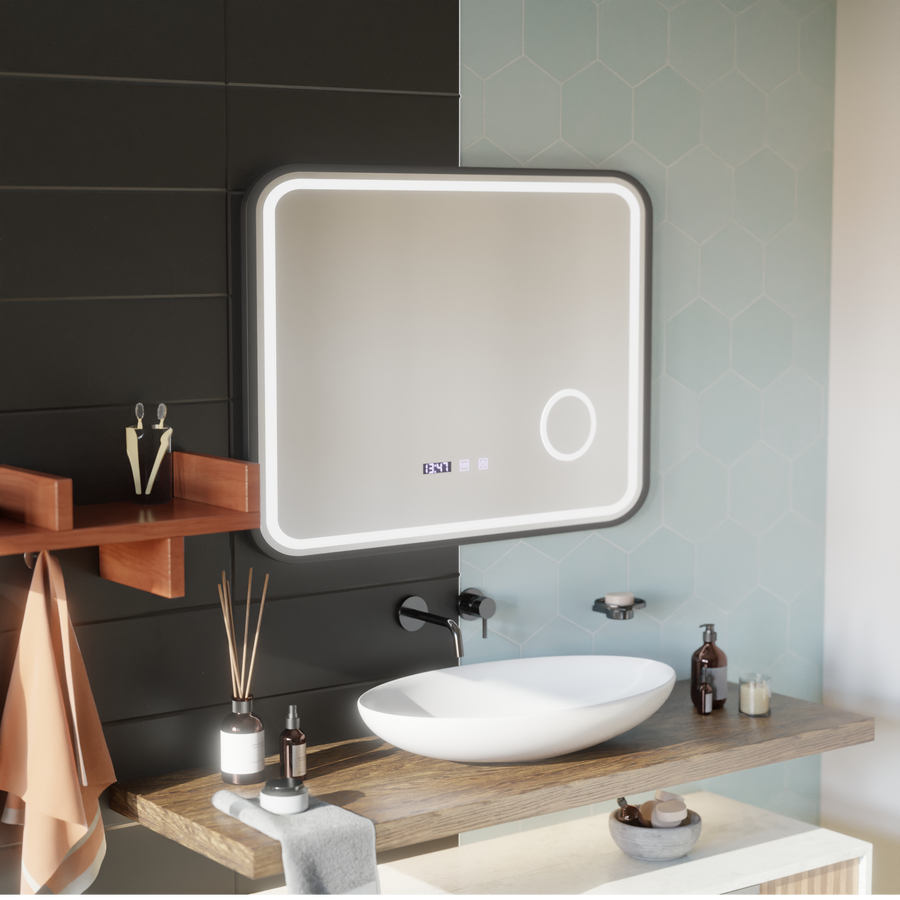 Mirror LED LED Touch Bernd Dezoringový systém, hodiny a teplota 80x60 cm fond Black Brush Cosmetica